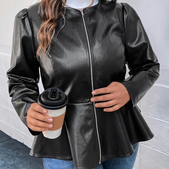 Luxe Vegan Leather Puff Sleeve Zipper Jacket - Picture 5 of 8